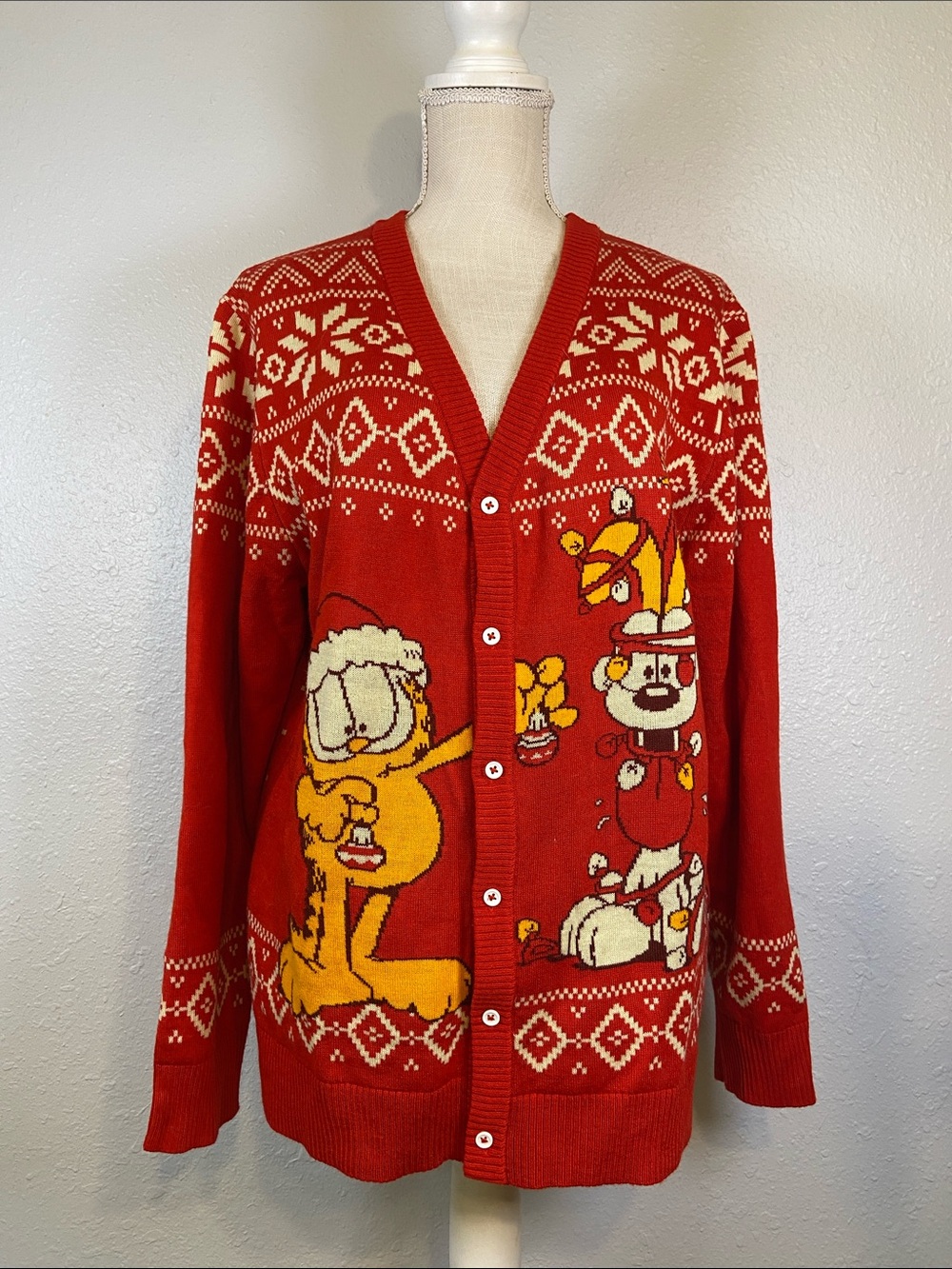 Garfield & Odie Red & Orange Cartoon Comic Ugly Christmas Sweater Size Large